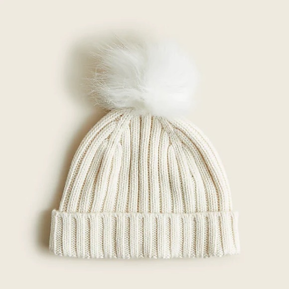 J. Crew Ribbed Beanie with faux-fur Pom-Pom - Picture 1 of 5